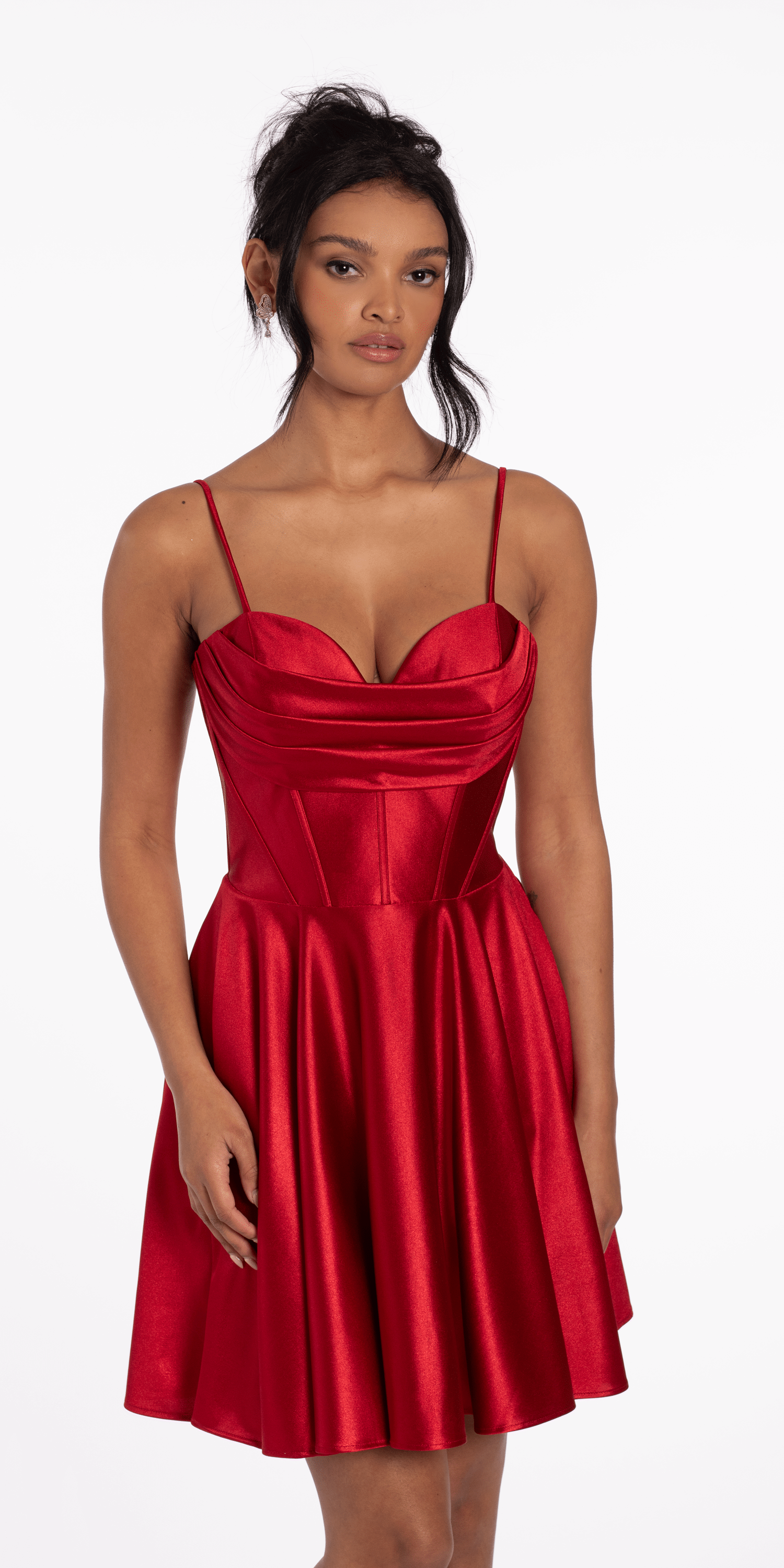 Pleated Shimmer Satin Corset Skater Dress with Pockets