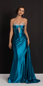 Satin Strapless Rhinestone A Line Dress with Peek-a-Boo Bodice