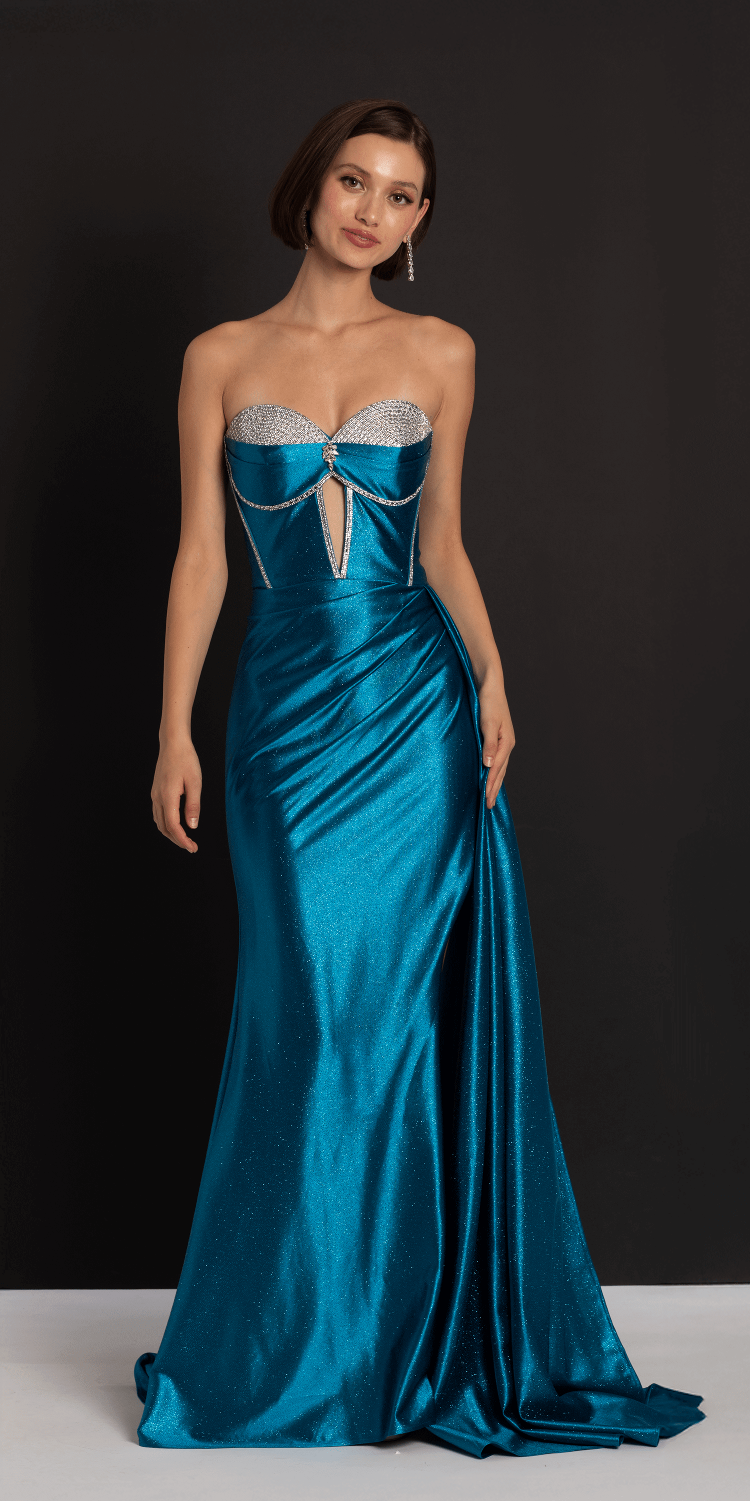 Satin Strapless Rhinestone A Line Dress with Peek-a-Boo Bodice