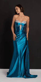 Satin Strapless Rhinestone A Line Dress with Peek-a-Boo Bodice