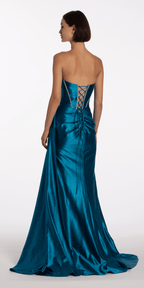 Satin Strapless Rhinestone A Line Dress with Peek-a-Boo Bodice