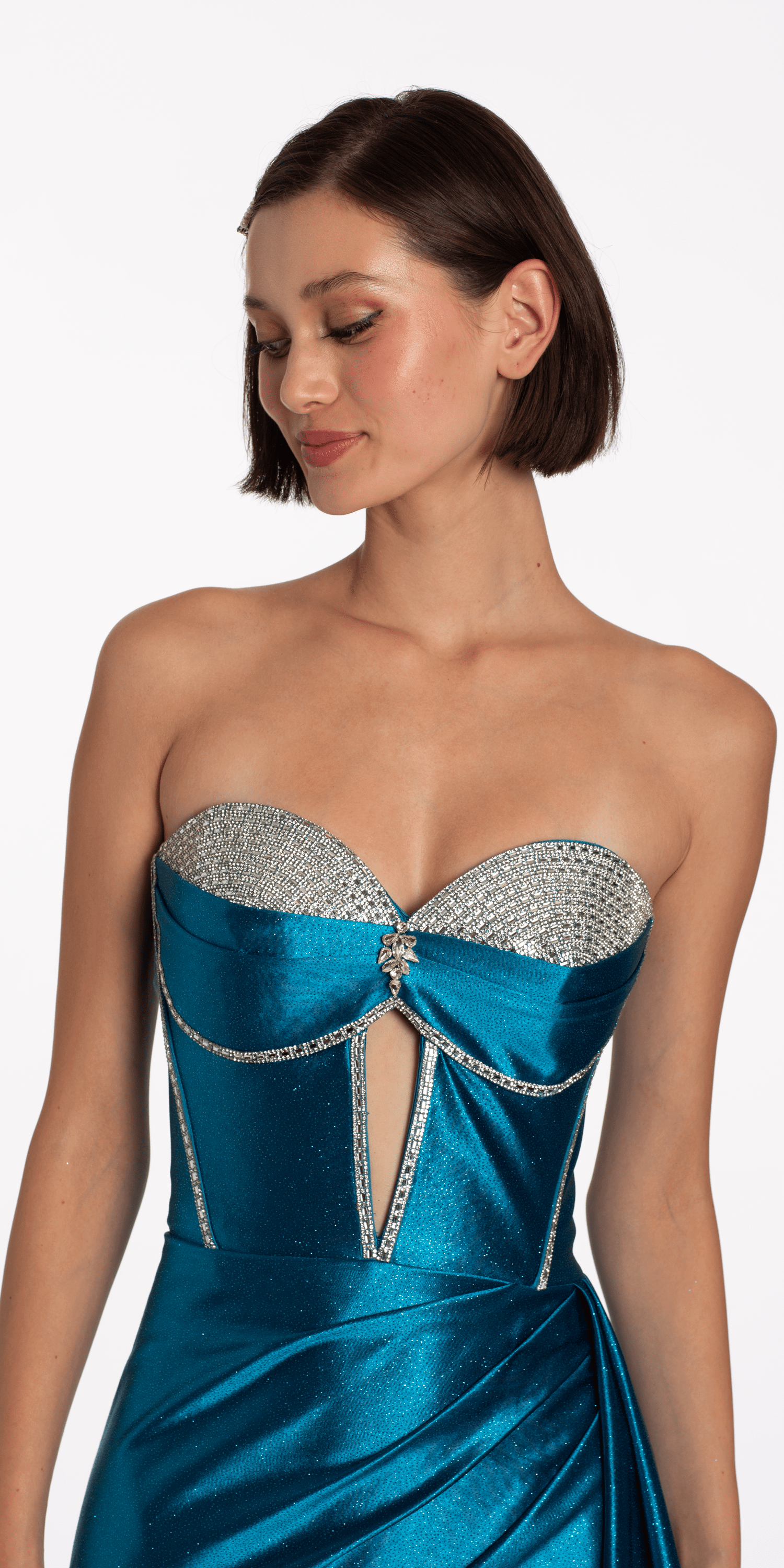 Satin Strapless Rhinestone A Line Dress with Peek-a-Boo Bodice