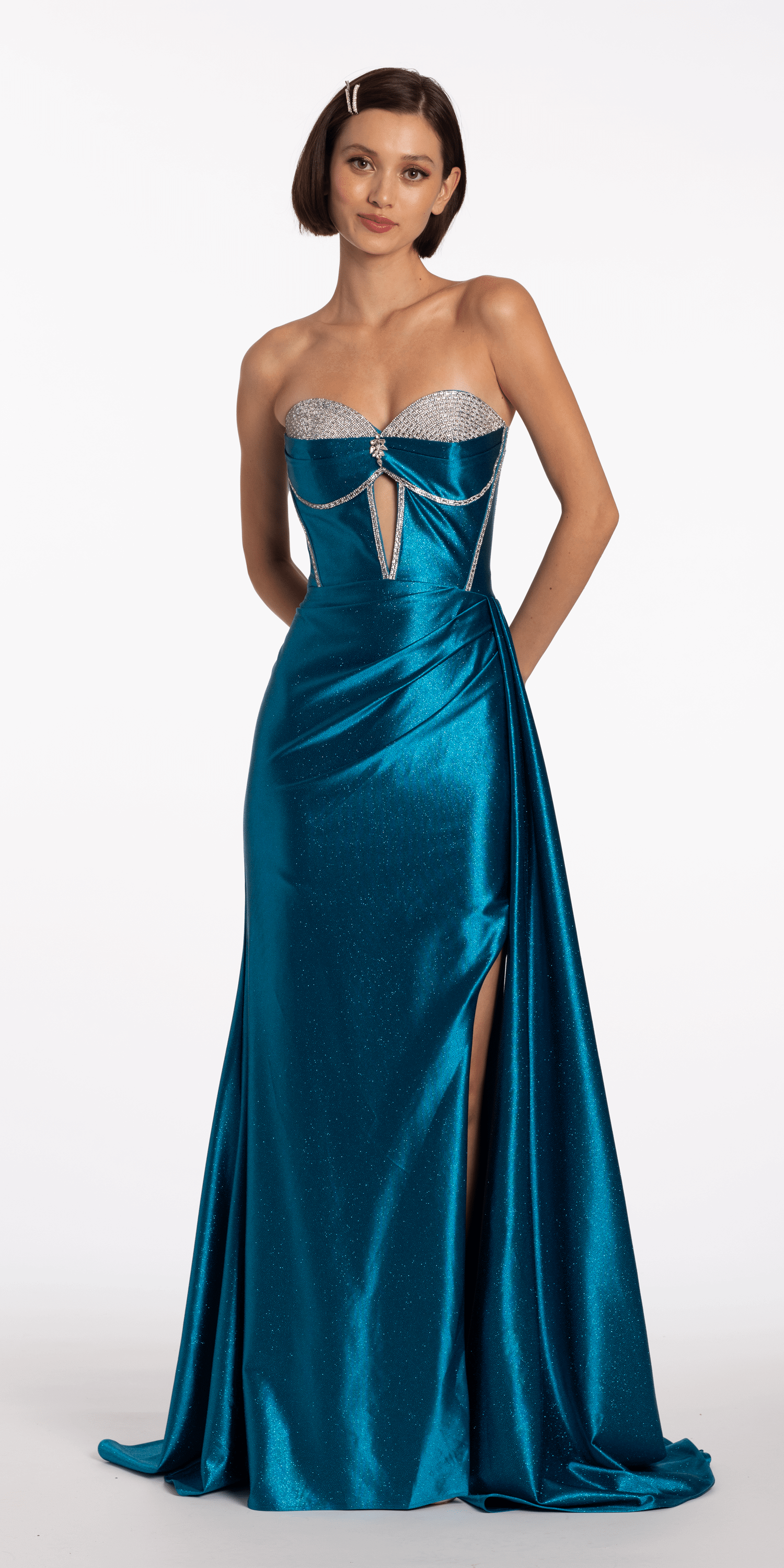 Satin Strapless Rhinestone A Line Dress with Peek-a-Boo Bodice