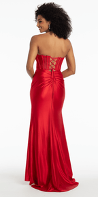 Satin Stone Encrusted Strapless Sweetheart Corset Column Dress with Side Ruching