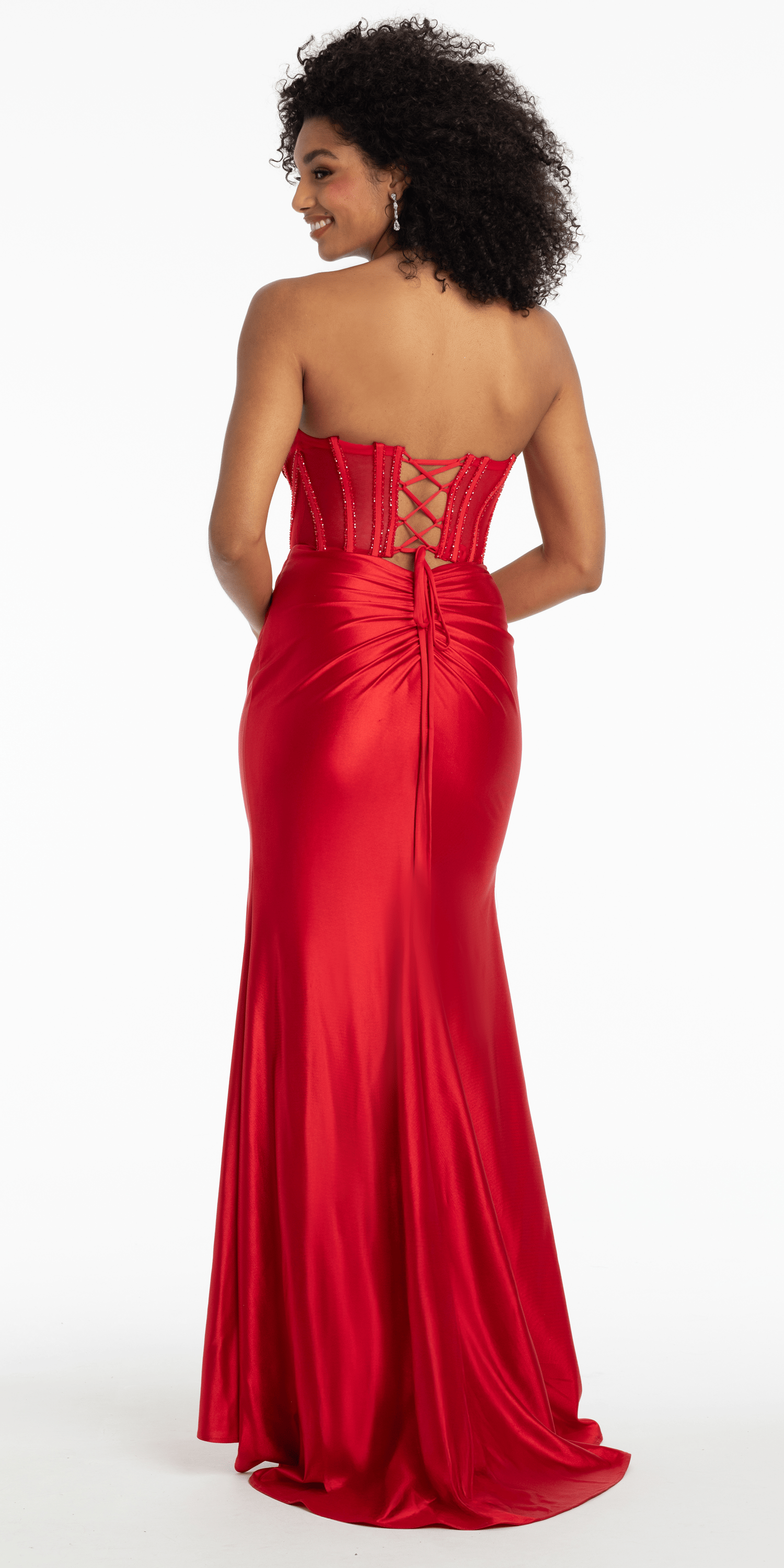 Satin Stone Encrusted Strapless Sweetheart Corset Column Dress with Side Ruching