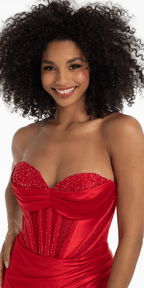 Satin Stone Encrusted Strapless Sweetheart Corset Column Dress with Side Ruching