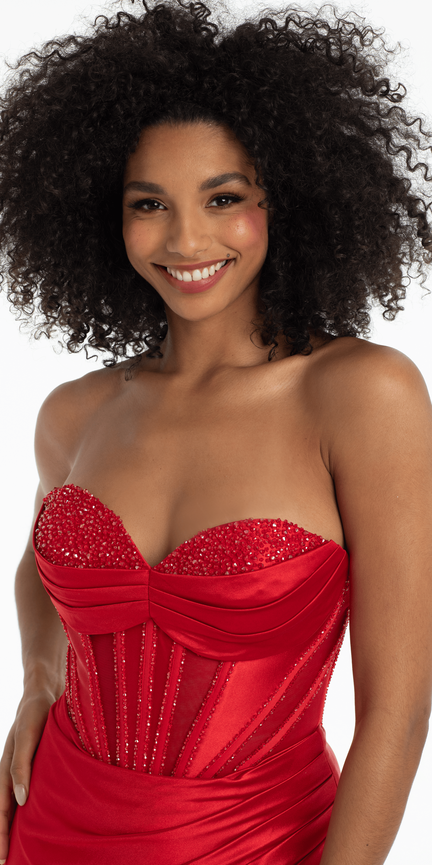 Satin Stone Encrusted Strapless Sweetheart Corset Column Dress with Side Ruching