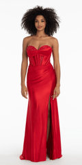 Satin Stone Encrusted Strapless Sweetheart Corset Column Dress with Side Ruching