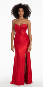 Satin Stone Encrusted Strapless Sweetheart Corset Column Dress with Side Ruching