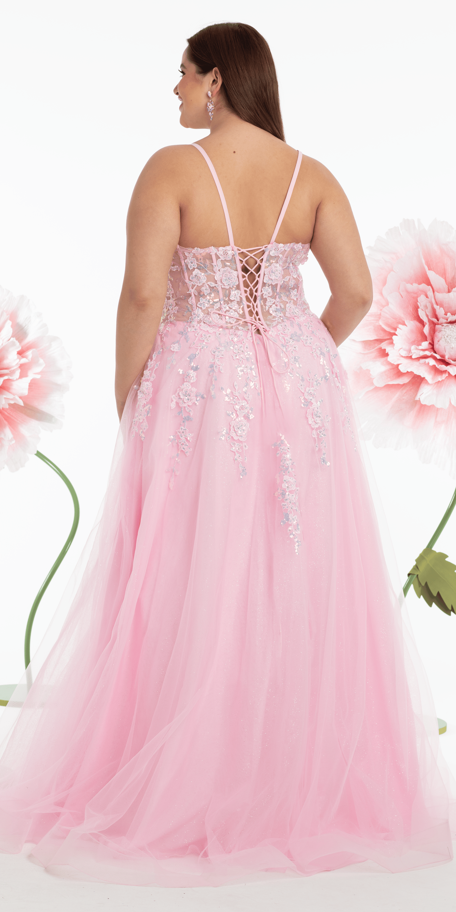 Sweetheart Plunging Mesh Corset Ballgown with Embellished Appliques