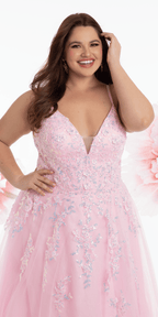 Sweetheart Plunging Mesh Corset Ballgown with Embellished Appliques