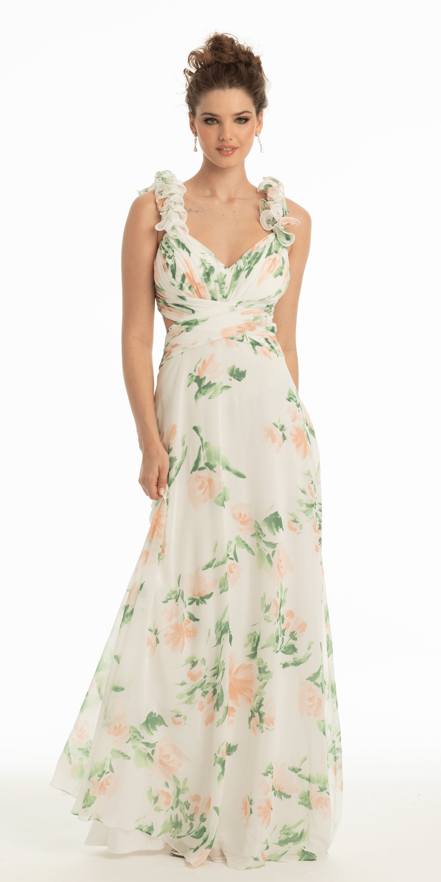 Chiffon Floral Print Ruffle Lace Up Back Dress