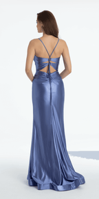 Foil Satin Twist Bodice Corset Column Dress with Side Slit