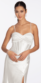 Foil Satin Twist Bodice Corset Column Dress with Side Slit
