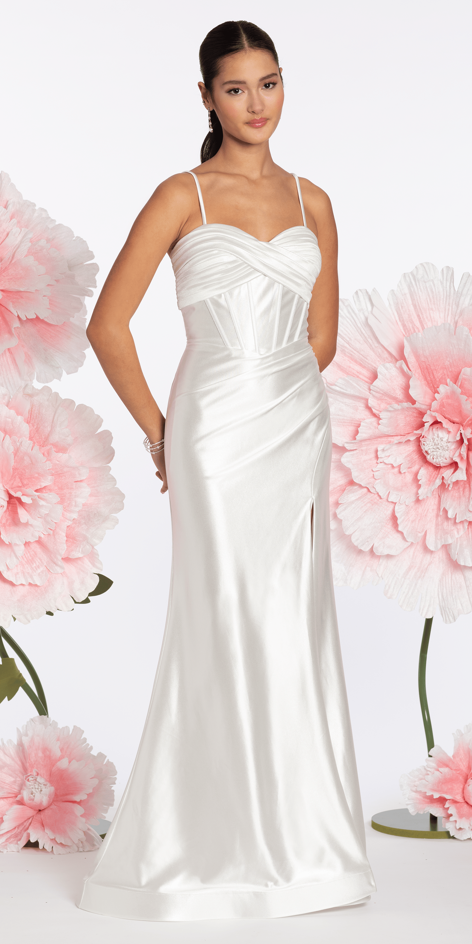 Foil Satin Twist Bodice Corset Column Dress with Side Slit