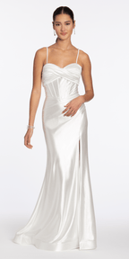 Foil Satin Twist Bodice Corset Column Dress with Side Slit