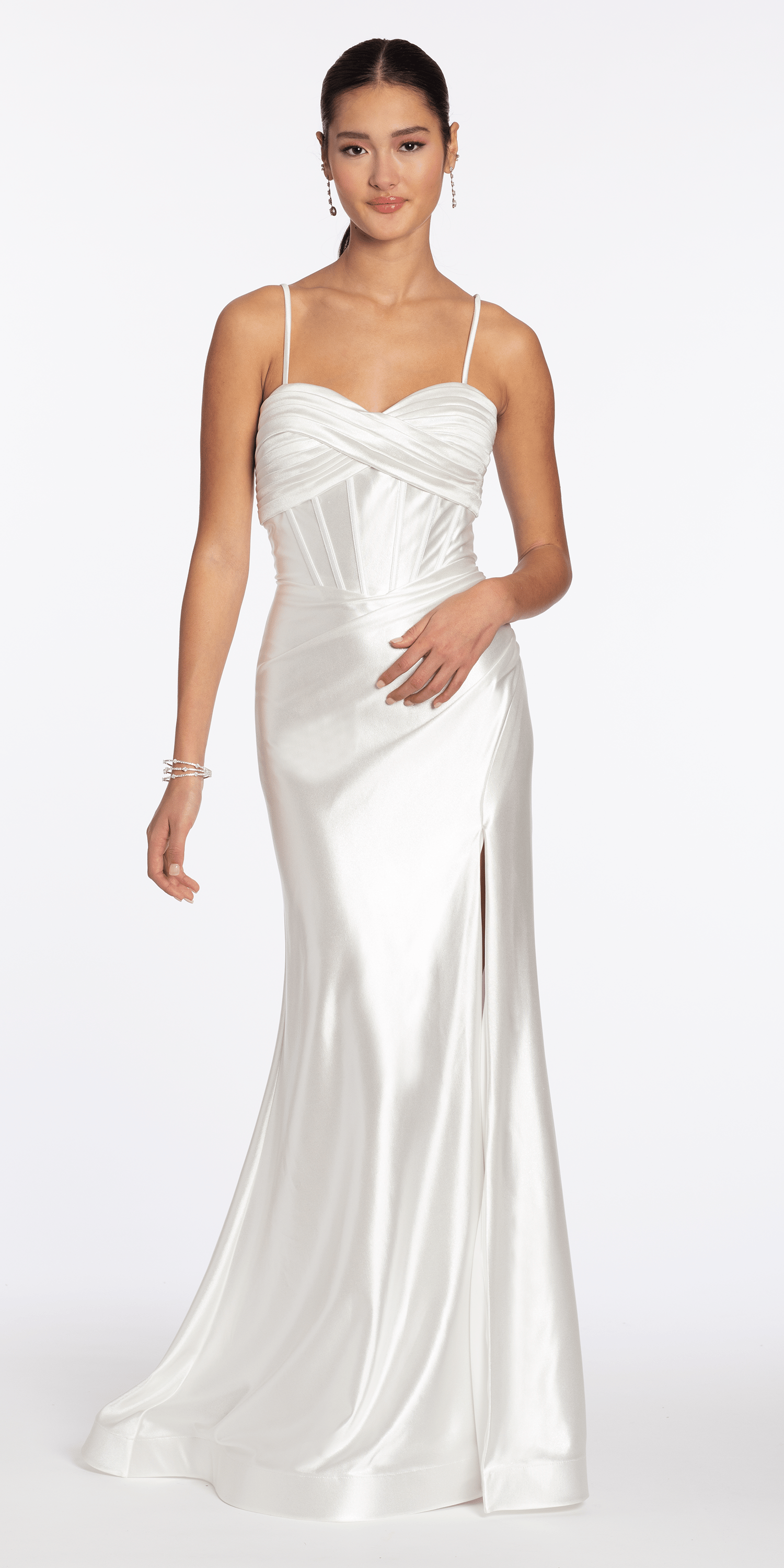 Foil Satin Twist Bodice Corset Column Dress with Side Slit
