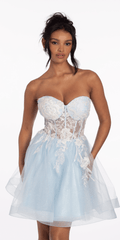 Strapless Pearl Embellished Corset Glitter Fit and Flare Dress