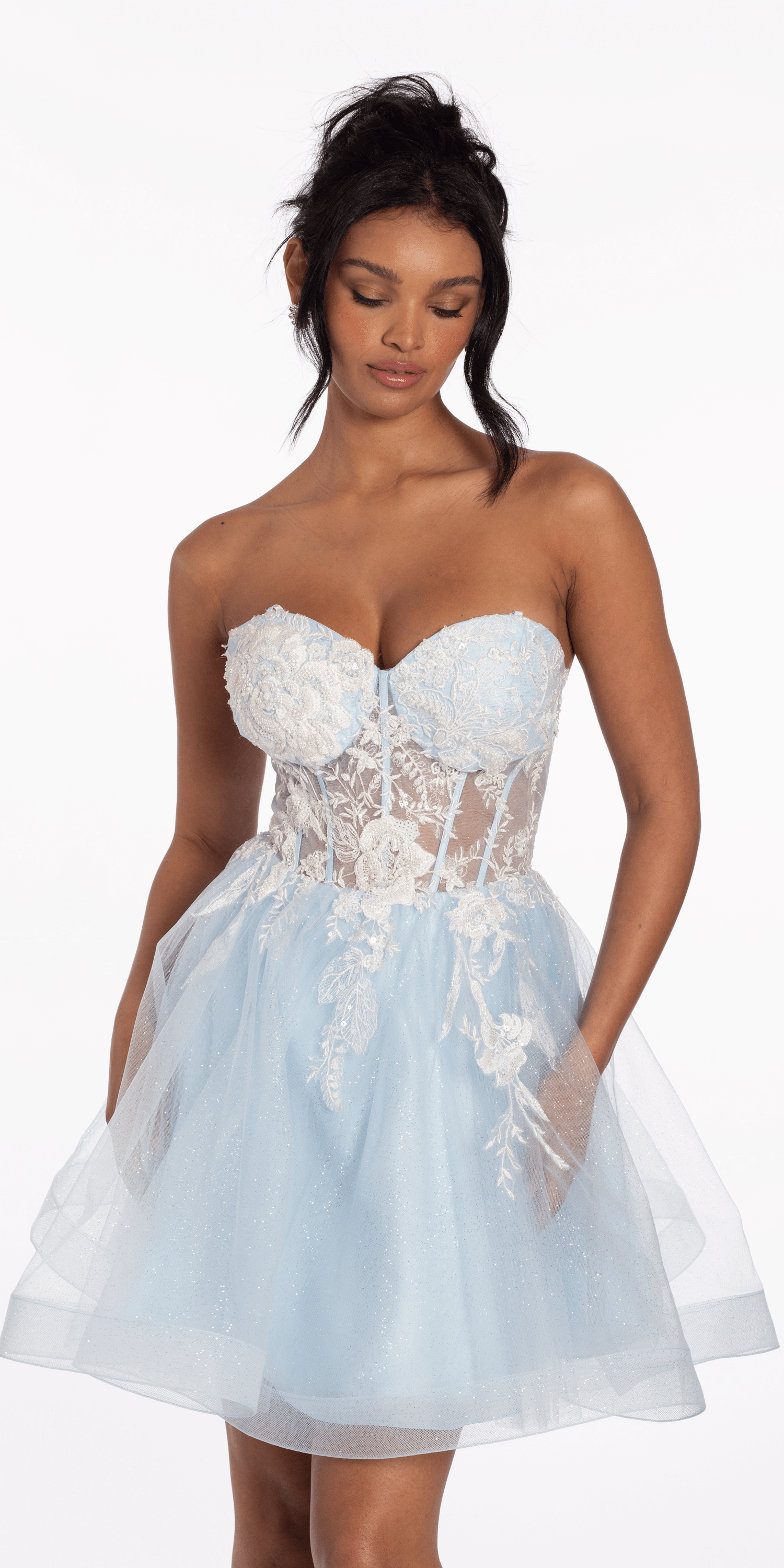 Strapless Pearl Embellished Corset Glitter Fit and Flare Dress
