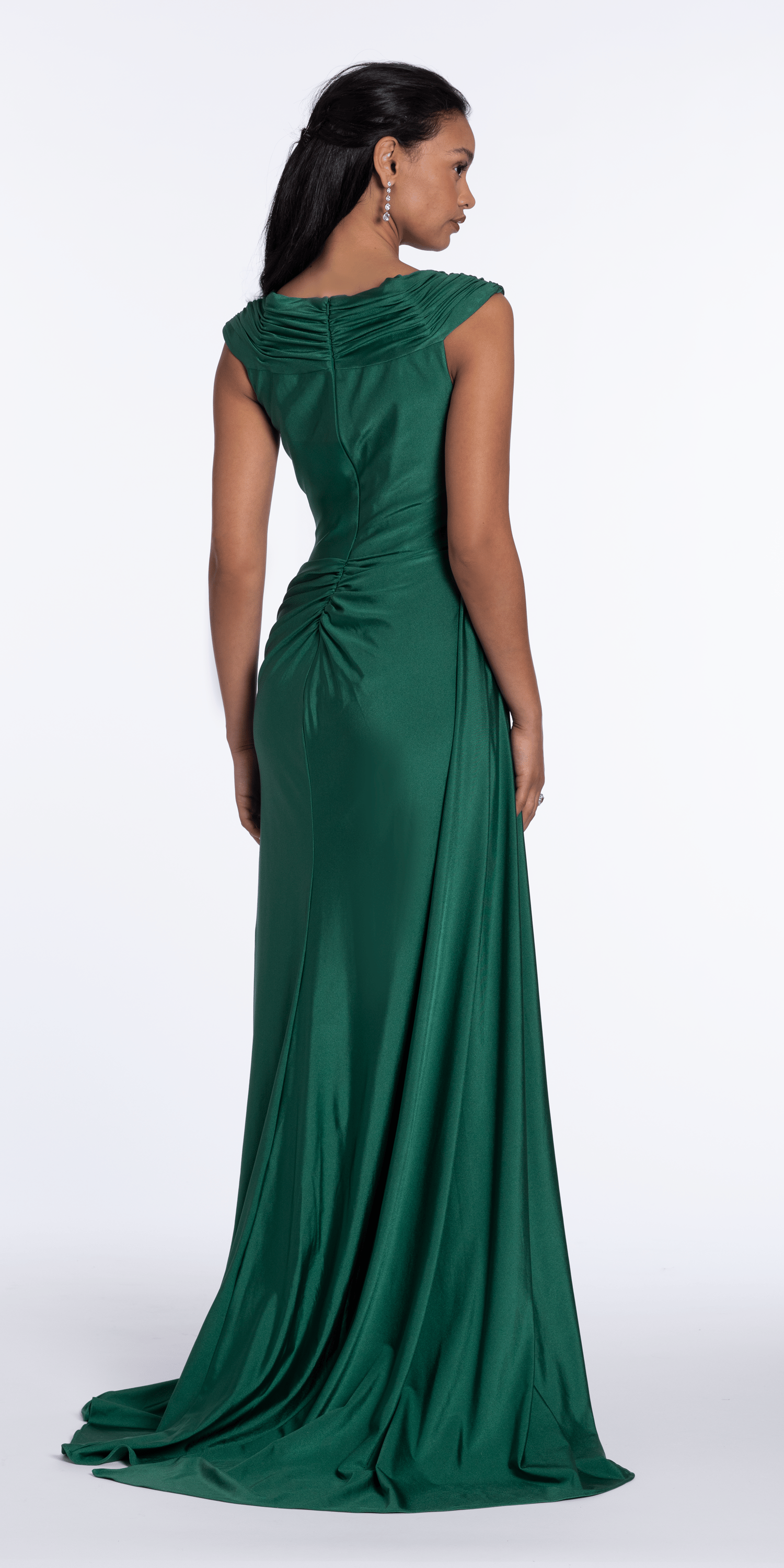 Spandex V Neck Cap Sleeve Column Dress with Side Cascade