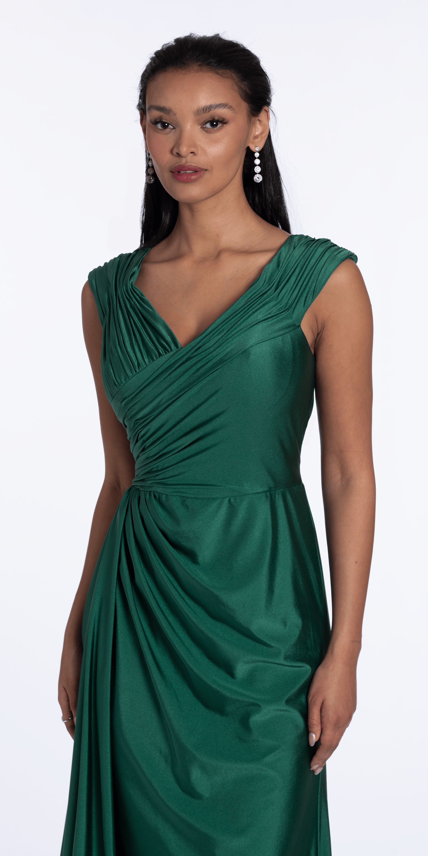 Spandex V Neck Cap Sleeve Column Dress with Side Cascade