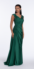 Spandex V Neck Cap Sleeve Column Dress with Side Cascade