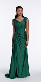 Spandex V Neck Cap Sleeve Column Dress with Side Cascade