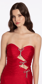 Glitter Knit Strapless Triple Bow Peek-a-Boo Column Dress