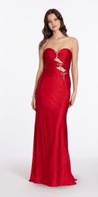 Glitter Knit Strapless Triple Bow Peek-a-Boo Column Dress