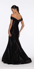 Pleated Off the Shoulder Sateen Trumpet Dress with Sweep Train