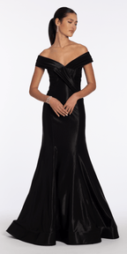 Pleated Off the Shoulder Sateen Trumpet Dress with Sweep Train