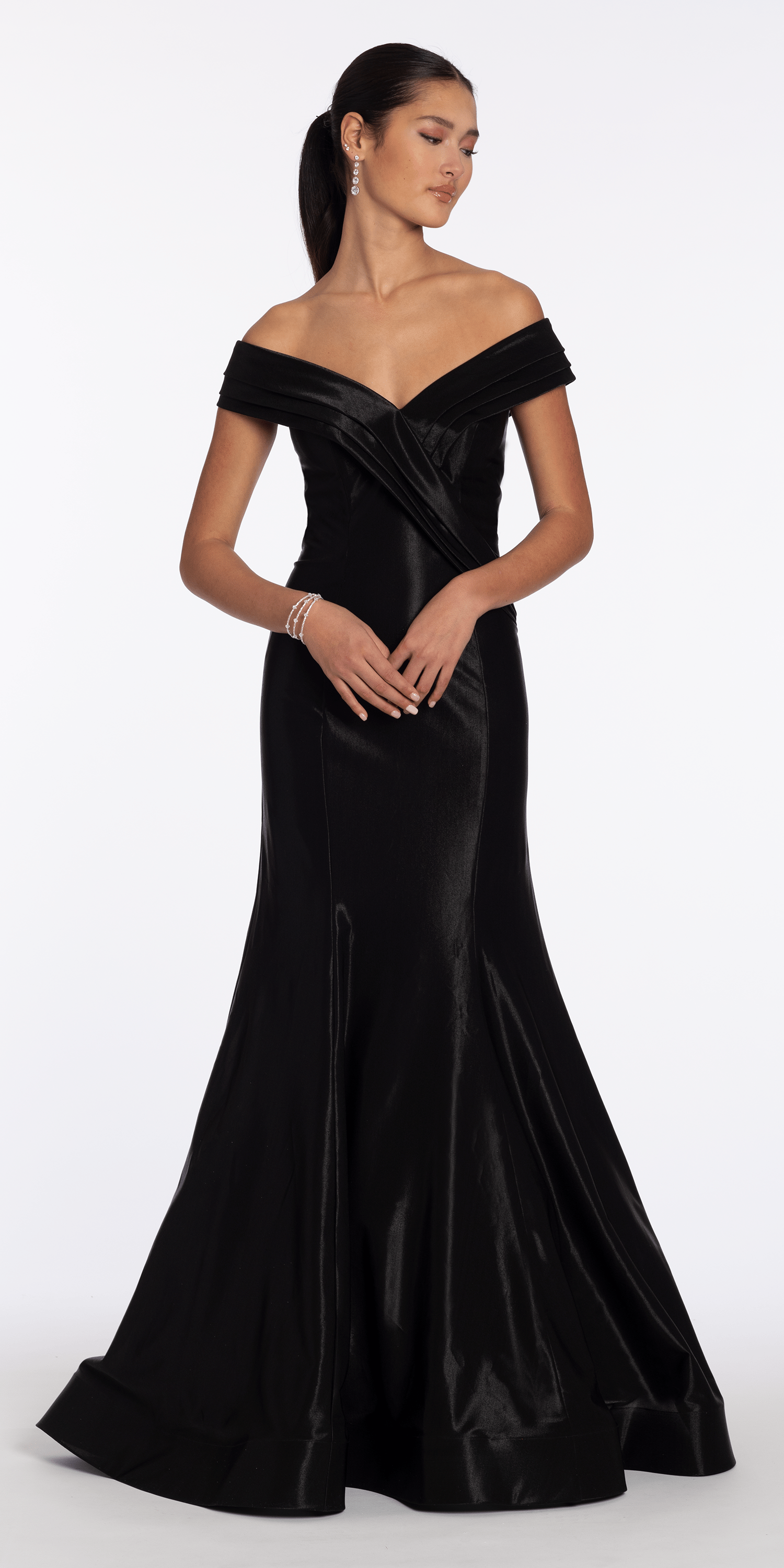 Pleated Off the Shoulder Sateen Trumpet Dress with Sweep Train