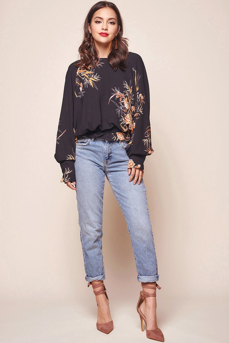 Alejandra Floral Print Bat Sleeve Top Black