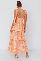 Arlowe Tied Shoulder Tiered Midi Dress Floral Orange