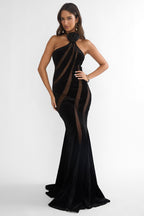 Azelia Velvet Mesh Maxi Dress Black