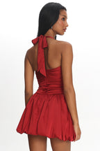 Angelico Halterneck Balloon Mini Dress Wine