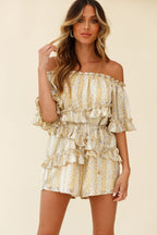 Astoria Bardot Neckline Frill Romper Floral & Stripe Print Yellow