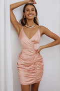 Biarritz Surplice Neckline Ruched Satin Mini Dress Peach