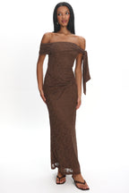 Aurora Sky Off-Shoulder Tie Maxi Dress Lace Chocolate