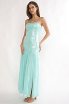 Azure Sun Drop Waist Split Maxi Dress Sequin Aqua