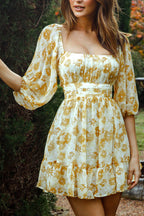 Abby Off-Shoulder Tie-Up Back Dress Floral Print Yellow