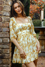 Abby Off-Shoulder Tie-Up Back Dress Floral Print Yellow