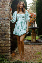 Abby Off-Shoulder Tie-Up Back Dress Watercolor Floral Print White/Olive