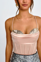 Angel Girl Sequin Satin Bodysuit Champagne