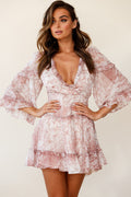 Albany Lace Up Back Frill Dress Flower Print Nude