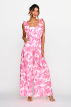 All For Love Square Neckline Ruffle Strap Jumpsuit Floral Pink