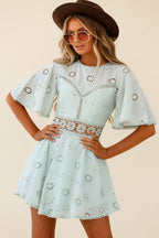 Anais Fluted Sleeve Exposed Back Broderie Anglaise Dress Sage