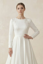 A-Line Boat Neck Satin Long Sleeves Wedding Dress in White