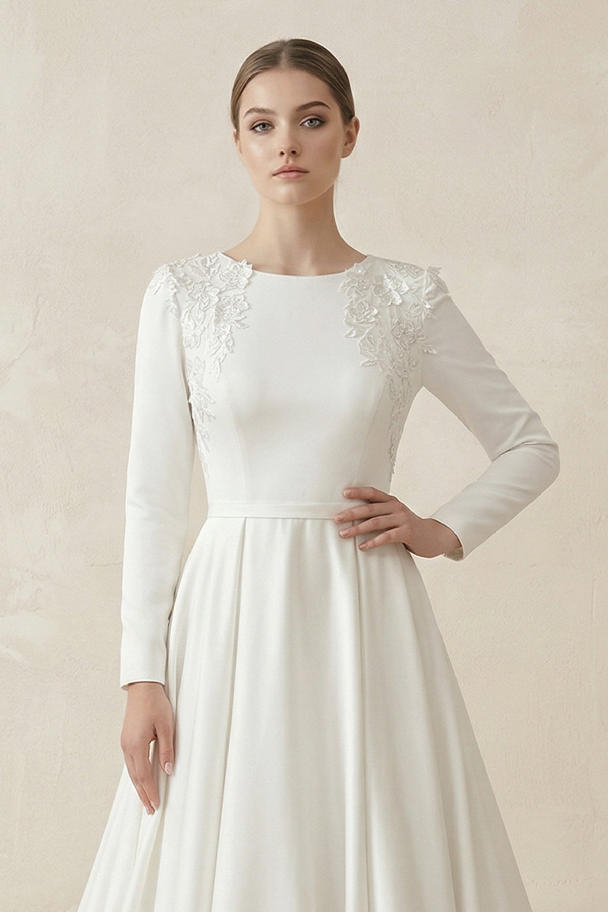 A-Line Boat Neck Satin Long Sleeves Wedding Dress in White