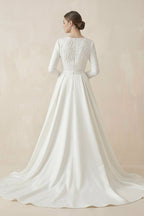 A-Line Boat Neck Satin Long Sleeves Wedding Dress in White